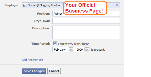 your facebook official fan page displayed as the employer link