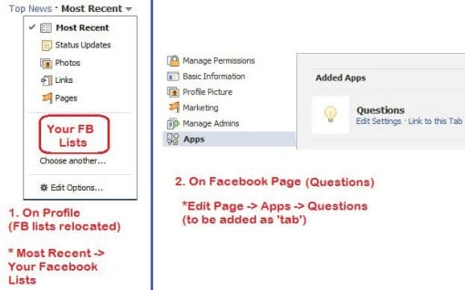 relocated facebook lists in Most Recent and fan page questions 