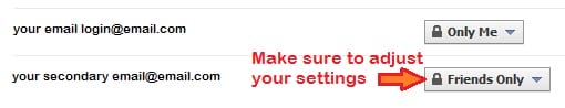 secondary email for security is default to Friends Only