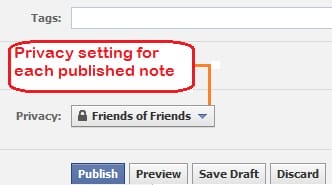 set privacy setting for each published facebook note