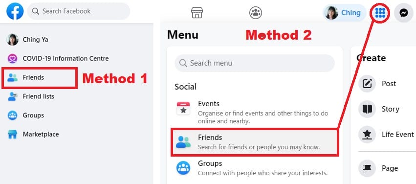 go to Friends on facebook Menu