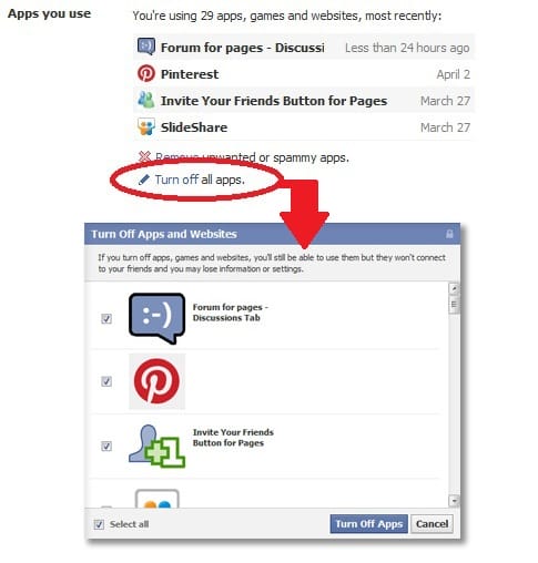 Turn off all Facebook apps