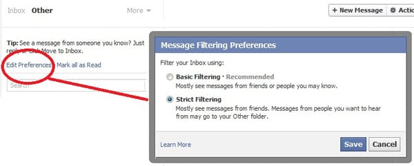 facebook message filtering preferences
