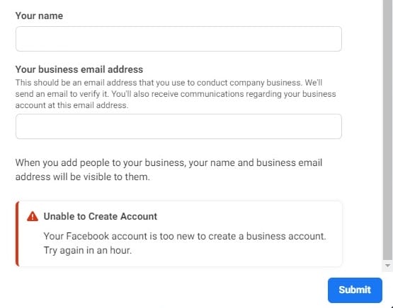new facebook user unable to create business acc