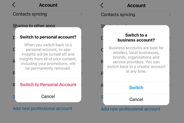 switch to personal or business account