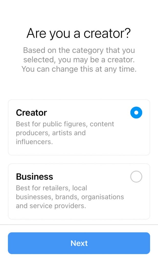 choose instagram business or creator