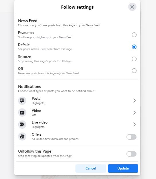 settings for pages you follow