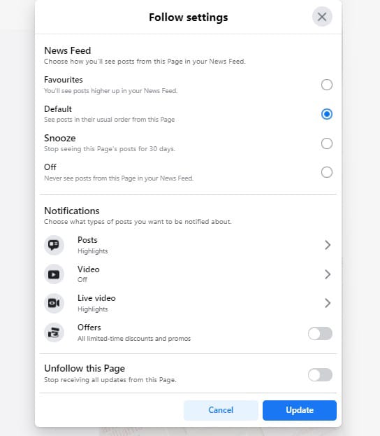 settings for pages you follow