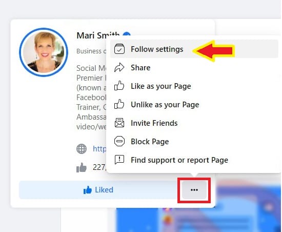 tweak follow settings for page in news feed