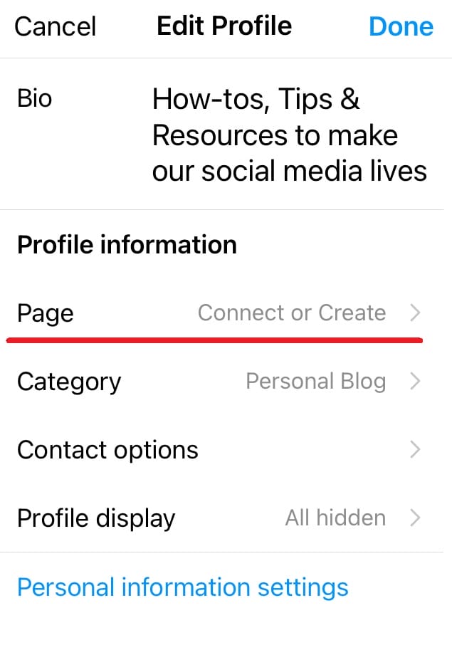 Instagram connect to Page
