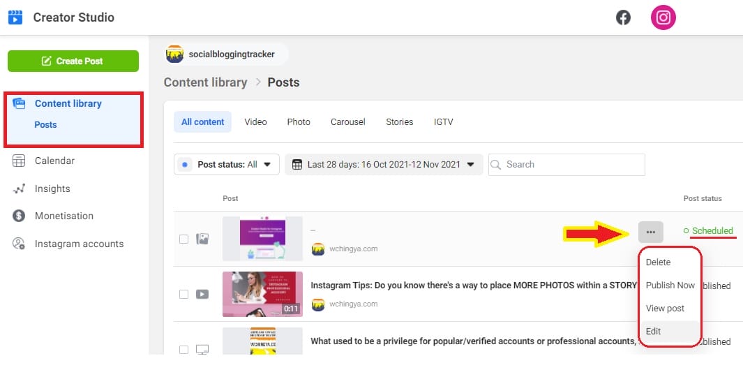 scheduled instagram posts in content library
