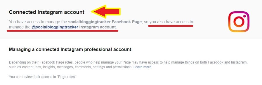 connected instagram account in facebook page