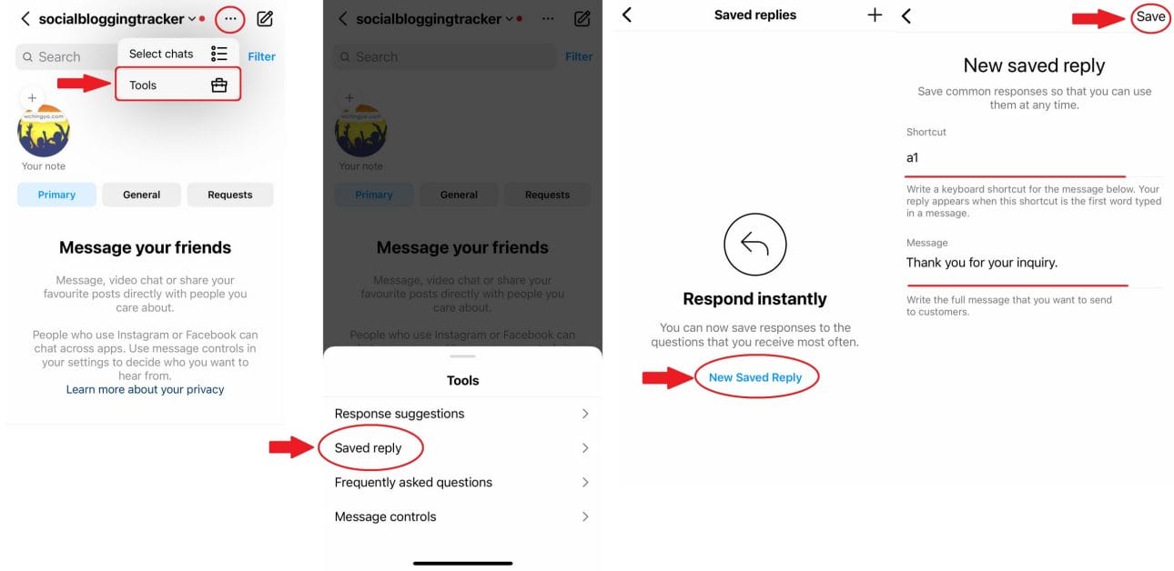 how to set Saved replies on Instagram DMs