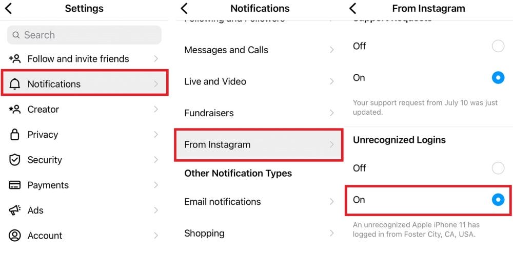 how to set instagram alert on unrecognized login