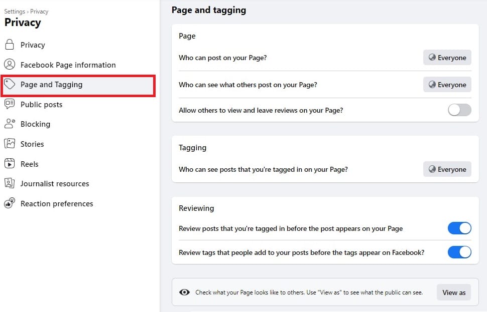 privacy settings for new page experience